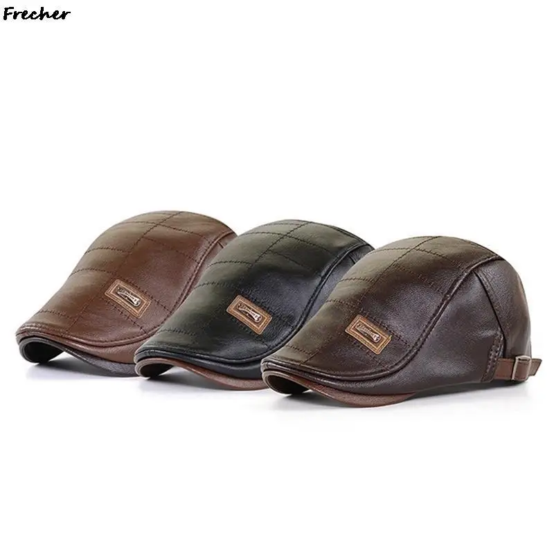 Vintage Men Beret Hat Leather Flat Cap Warm Autumn Winter Male Adjustable High Quality Mens Retro Beret Caps