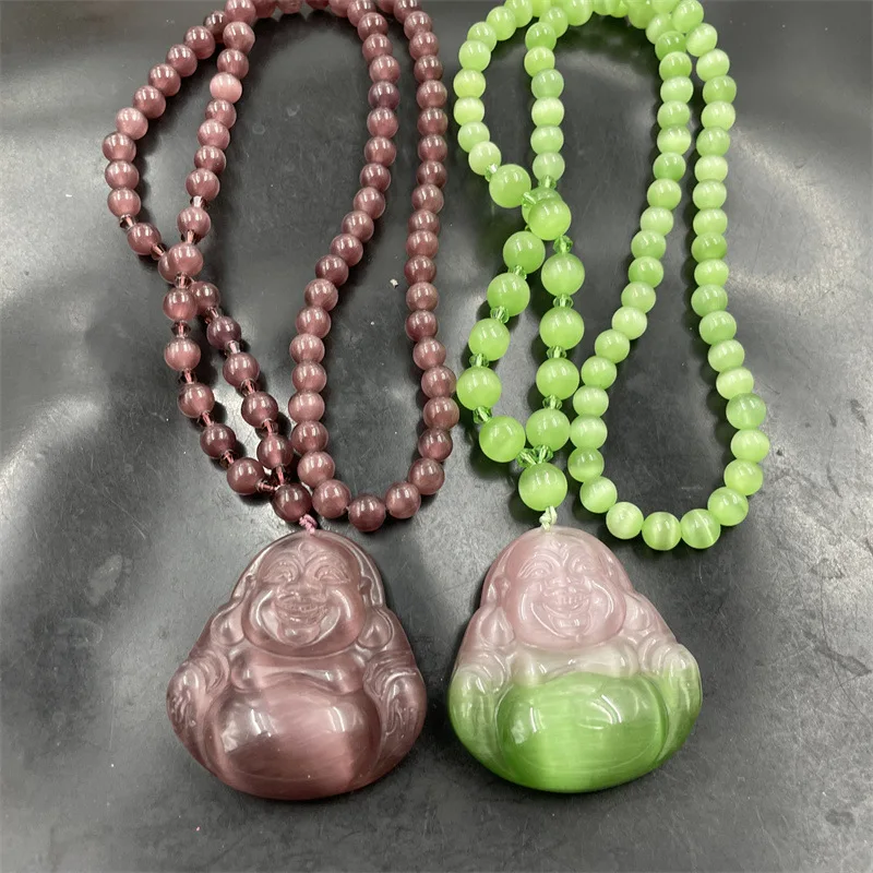 

Violet Opal Maitreya Sweater Chain Pink and Green Big Belly Buddha Pendant
