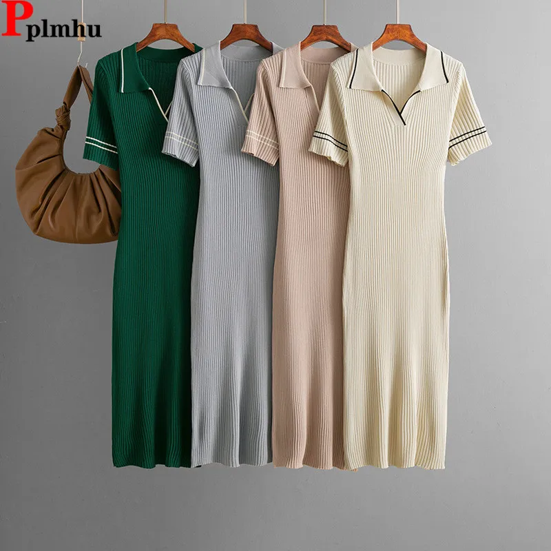 Elegante vestido de malha fino feminino casual polo pescoço manga curta malhas vestidos moda coreana verão vestidos de manga curta