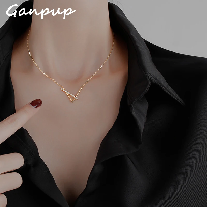 GANPUP Trendy Sparkling Rhinestone V-Shaped Pendant Necklace For Women Fashion New Collar Neck Chain Jewelry Party Gift колье
