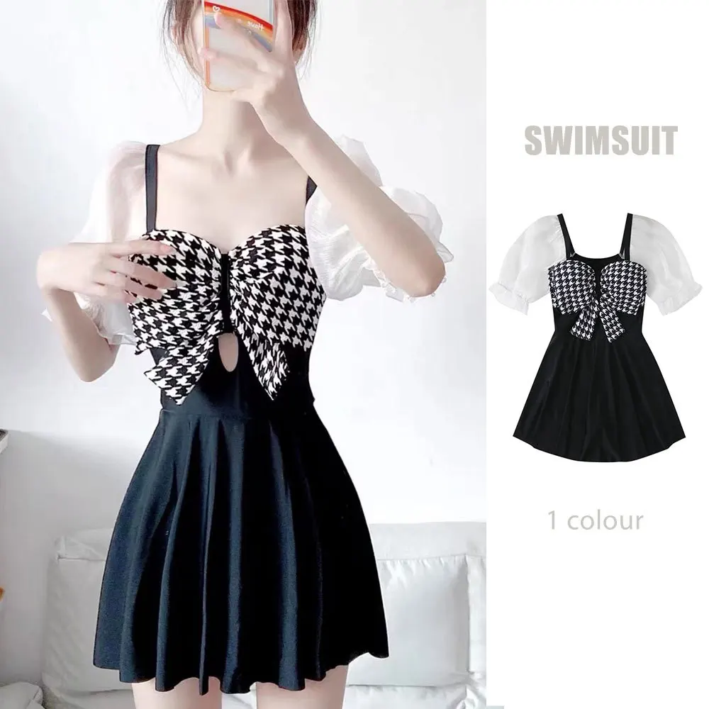 Traje de baño de una pieza con estampado de pata de gallo, traje de baño sexy, estilo coreano, con lazo, Manga corta abullonada, minivestido, culotte, bikini acolchado