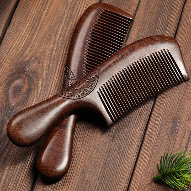 Wooden Comb with Handle Natural Sandalwood Anti-Static Hair Detangler Comb Double Sided Carving Head Scalp Massage