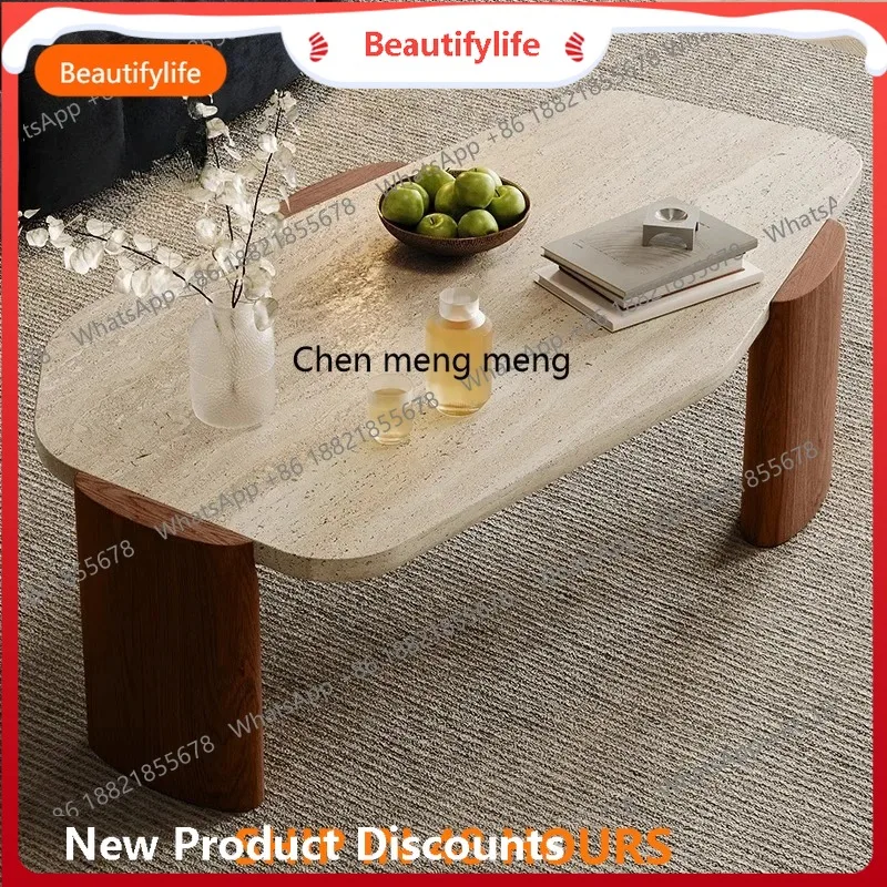 

H Retro natural travertine coffee table, marble black, Roman travertine solid wood, tea table