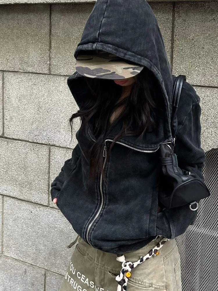 Cappotto da donna estetico vintage Y2k con cerniera Tasche in puro colore Felpa con cappuccio High Street Chic Asimmetrico Capispalla femminile Autunno Inverno