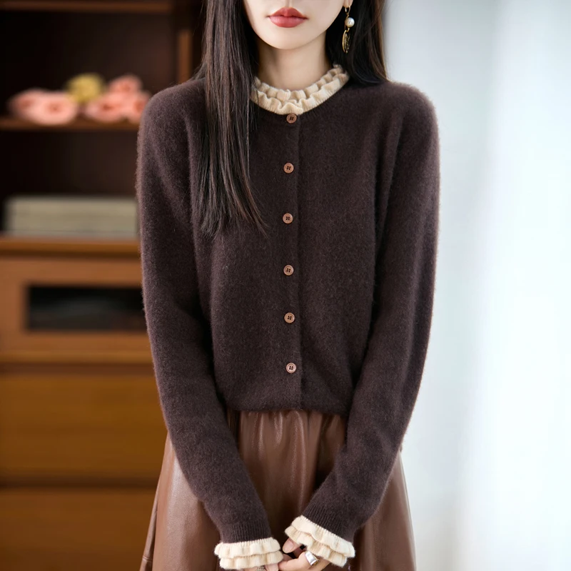 Cardigan en laine pour femme, pull froissé, doux, chaud, ample, mode, blocage des couleurs, vêtements tricotés, confortable et élégant, 2025