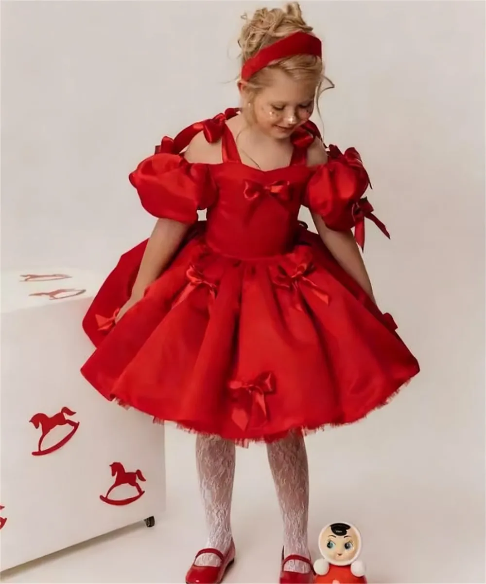 

Customized Flower Girl Wedding Dress Satin Bow Puffy Sleeves Princess Birthday Christmas Party Kids First Communion Ball Gown