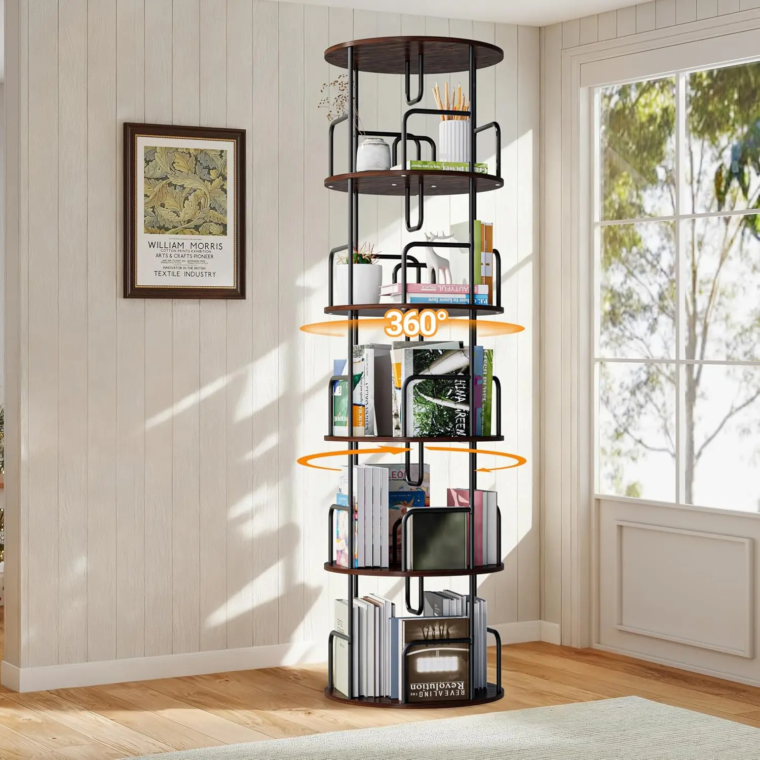 5 Tier 360° Rotating Bookshelf Space Saving Corner Storage Rack Floor Standing Organizer for Bedroom Small Spaces, Customized