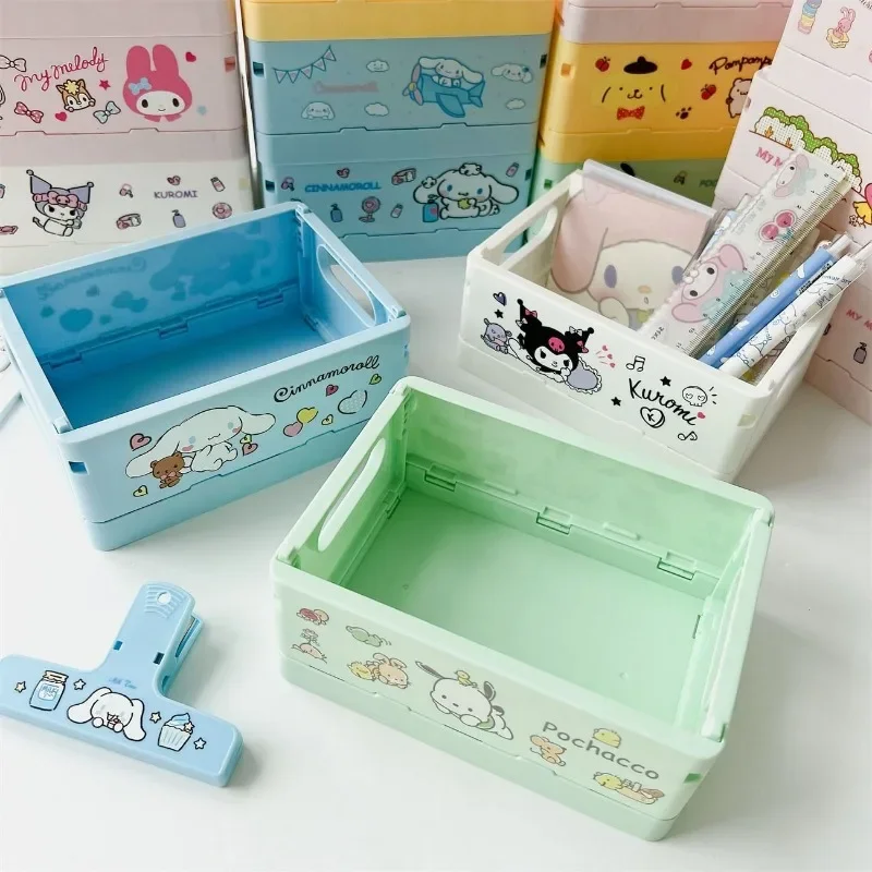 New Sanrio anime cartoon Kuromi Cinnamoroll desktop plastic storage box foldable stackable toy storage basket with handle gift