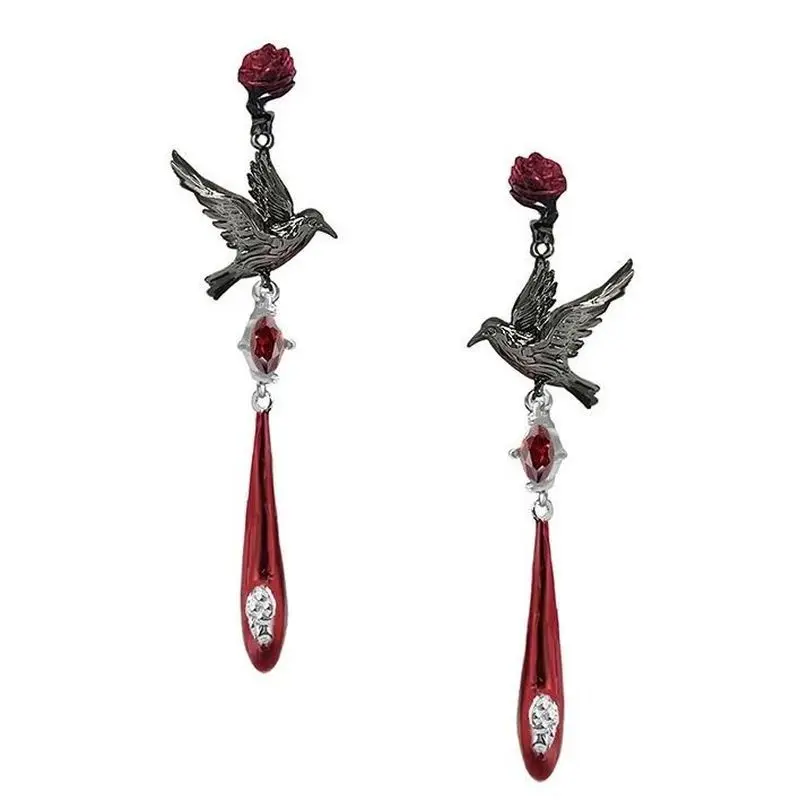 Gothic Unique Rose Raven Drop Earrings For Women Fashion Punk Ears Accessories Jewelry Halloween Festival Gift Party Casual Wear