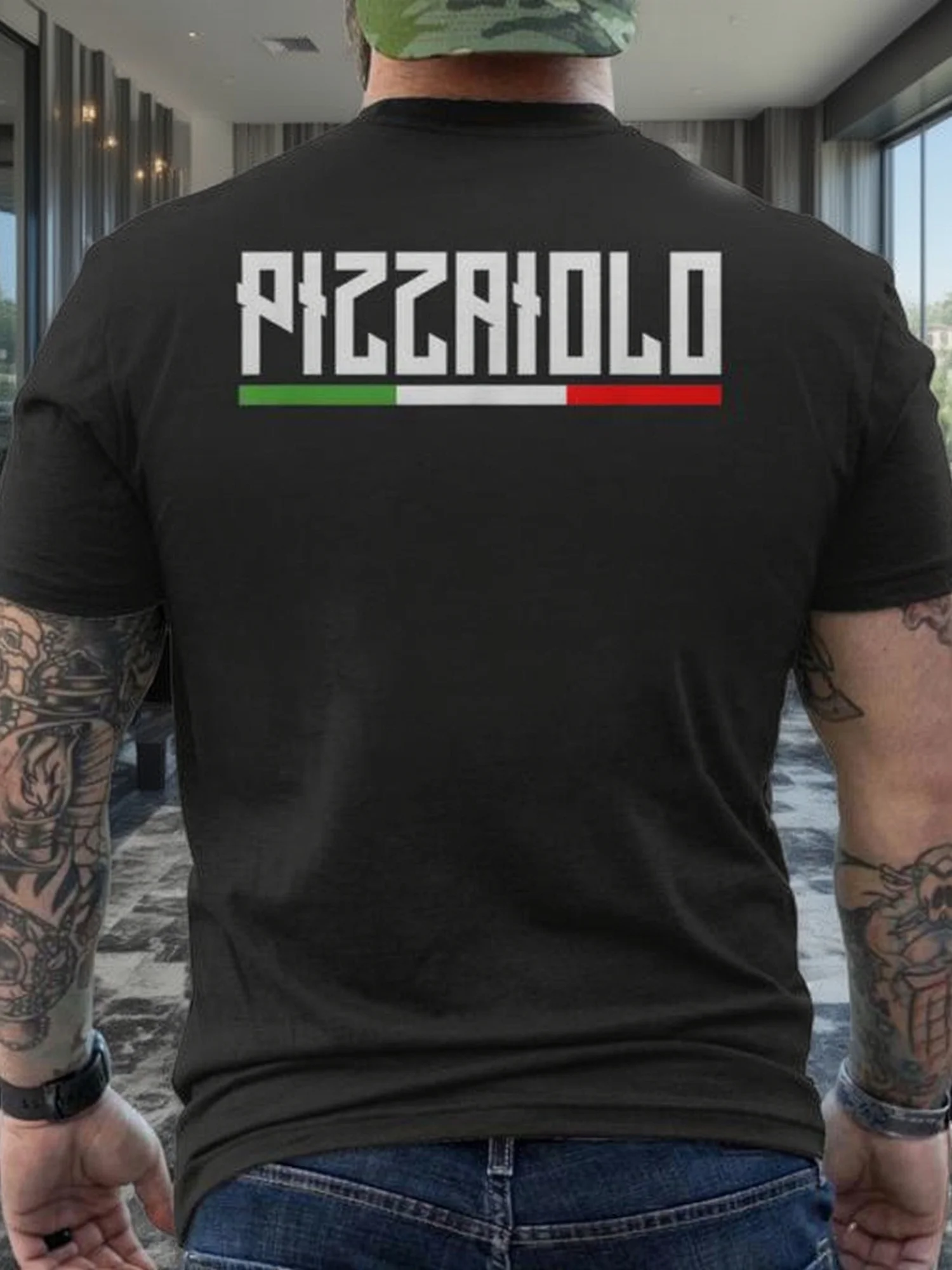 Figo Graphic T-Shirt for Men Featuring a Pizza Cutter with The Italian Flag, Back Design Showcasing Comfortable Short