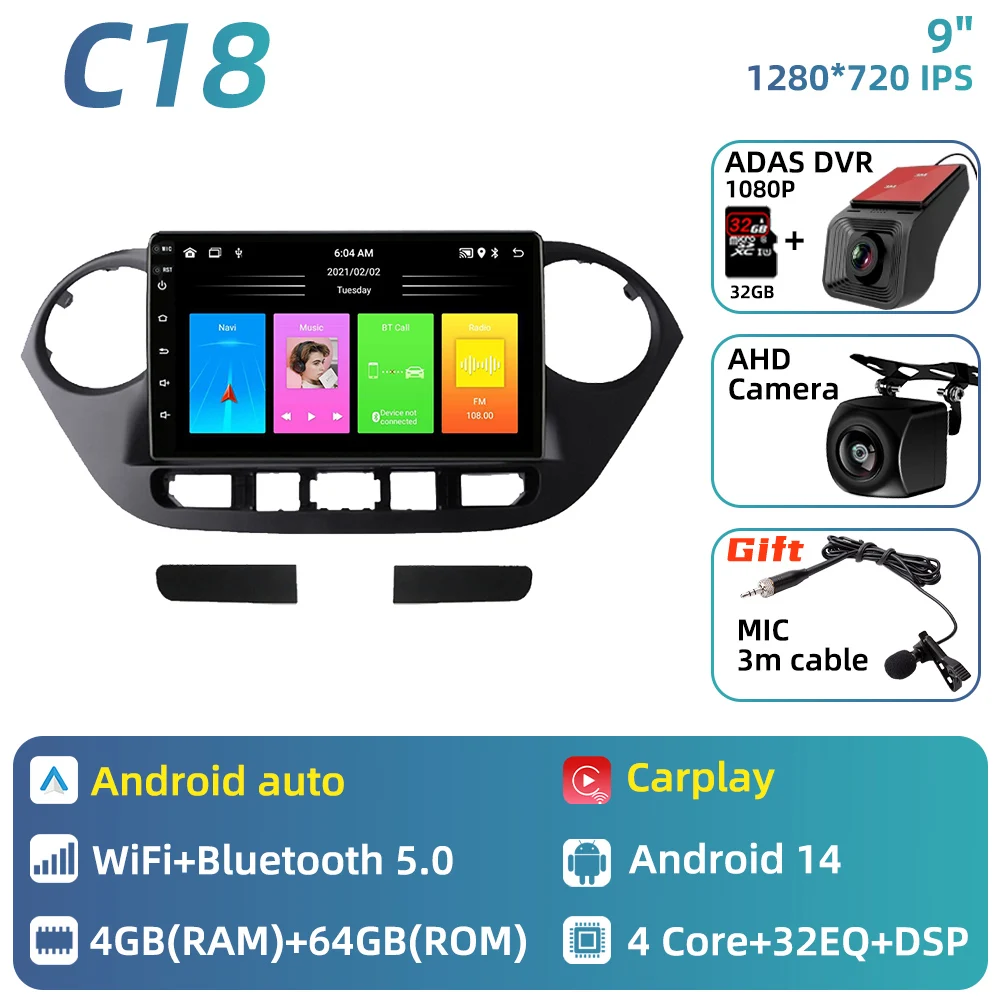 Carplay voor Hyundai Grand i10 2013 - 2018 Android Auto Multimedia Autoradio GPS Navigatie Autoradio 2 Din Head Unit Stereo DSP