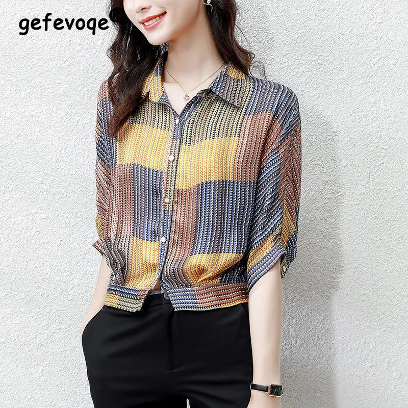 

Summer New Loose Casual Printing Cardigan Blouse Women Short Sleeve Elegant Fashion Top Ladies Polo-neck All-match Vintage Shirt