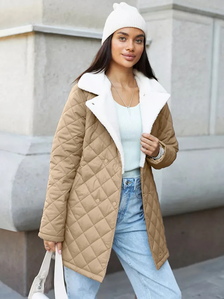 DEAT Fashion Women Cotton-padded Coat Fur Collar Double Breasres Solid Color Thick Warm Quilted Jackets Winter 2024 New 7AB5067