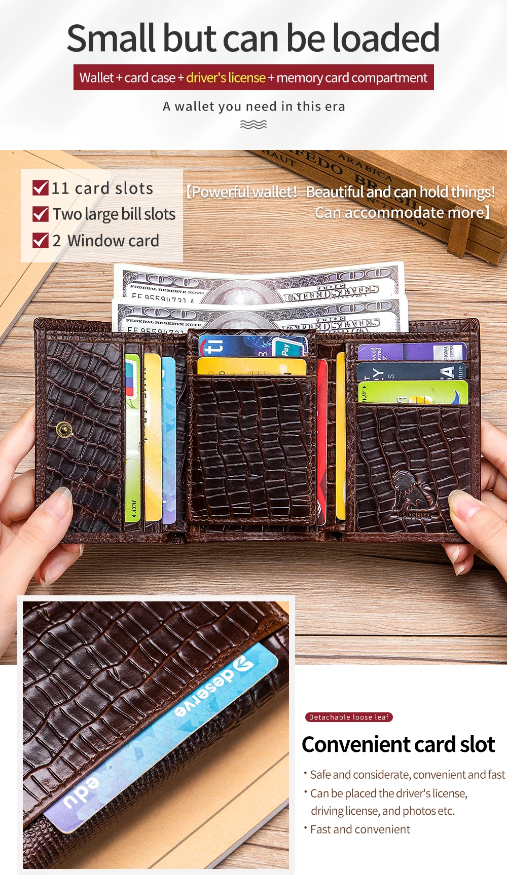 100% Leather Men's Wallet, Leather Short Multi Card Bag, Leather Men's Wallet, Crocodile Patterned Wallet