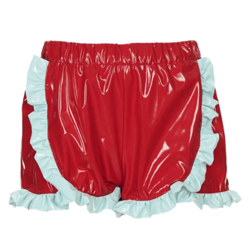 Adult Giant Baby Fashion Girl's Latest Red PVC Flat Corner Shorts Rose Red Trimmed Sissy Dress Lining Sleepwear