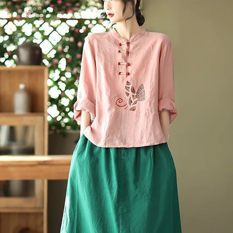 Vintage O-Neck Button Spliced Loose Embroidery Blouses Female Clothing 2024 Autumn New Oversized All-match Tops Casual Shirts