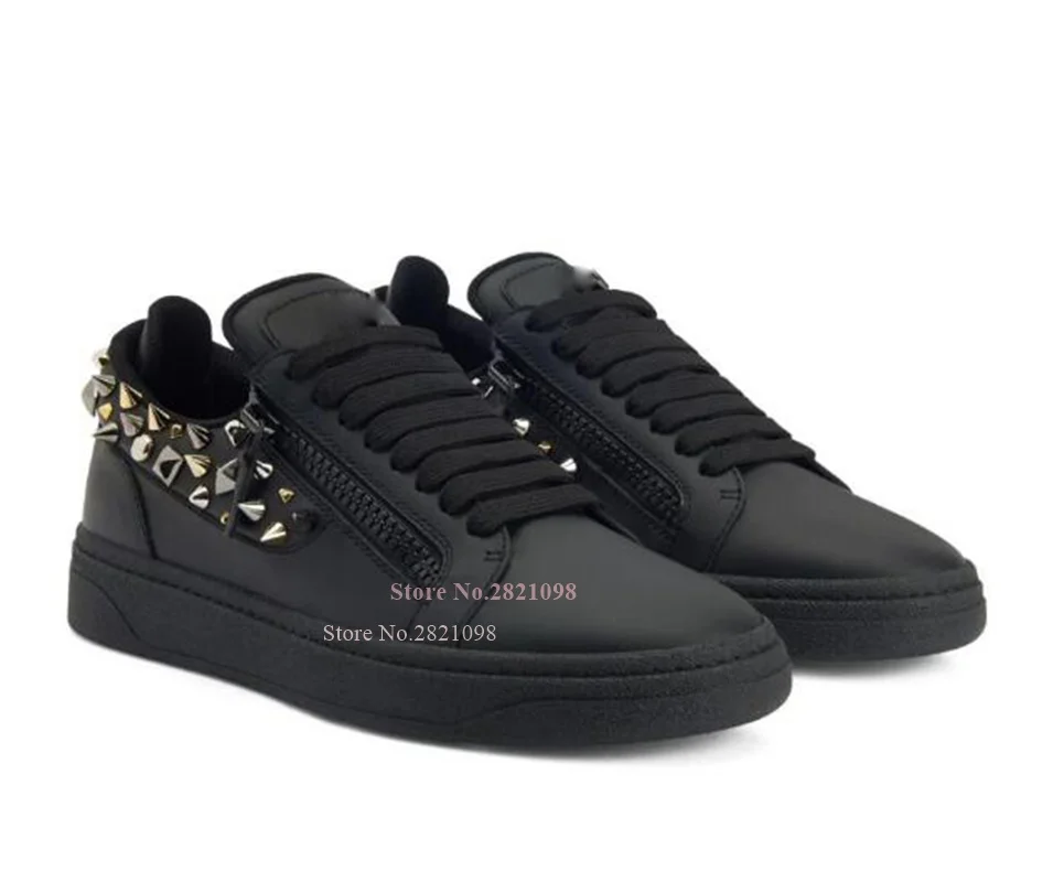 

Stud Embellished Men's Black Leather Sneakers Round Toe Low Top Casual Shoes Men Lace Up Flats Platform Daily Walking Shoe