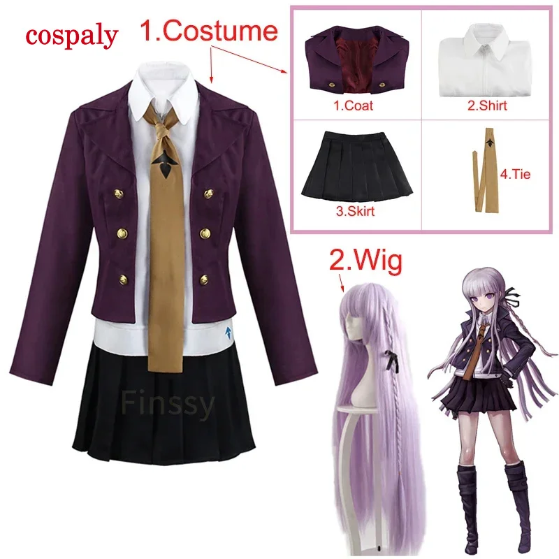 A Anime Danganronpa Kirigiri kyouko cosplay costume purple wig Halloween carnival for woman clothing including shirt tie