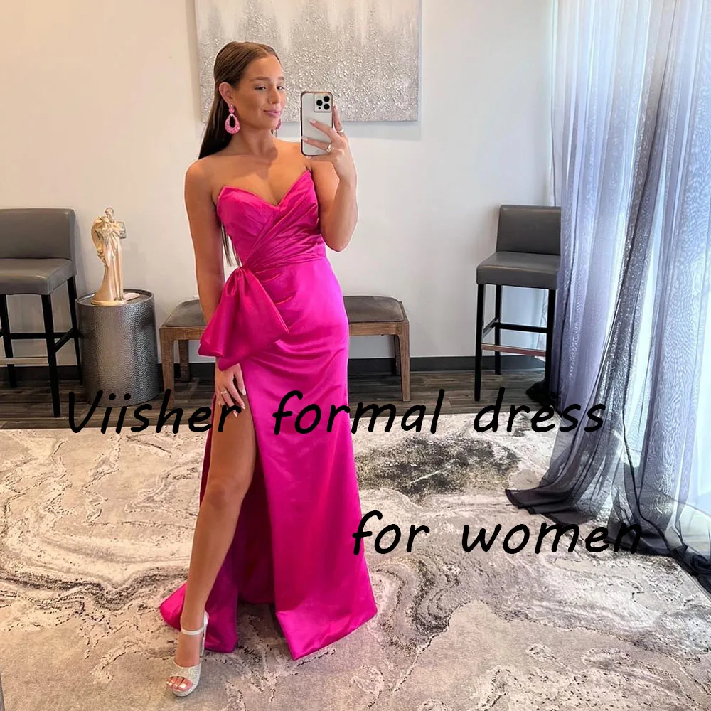 Vestido de graduación de sirena de satén fucsia con hendidura plisada, vestido de fiesta de noche largo hasta el suelo, vestidos de Gala formales para mujer