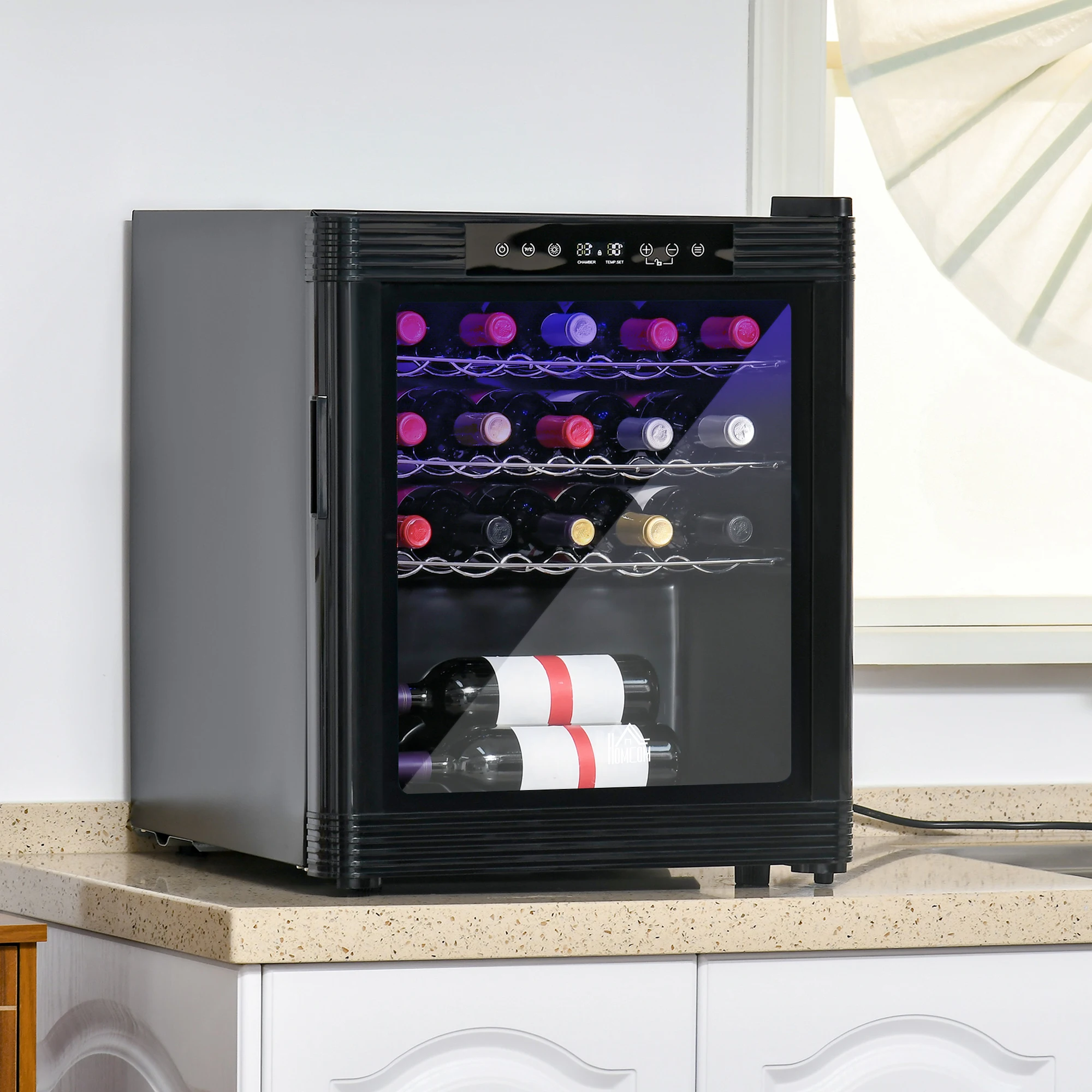 18 Bottle Wine Cooler Beverage Fridge with Digital Temperature Control 3 Removable and LED Lighting#US TO US