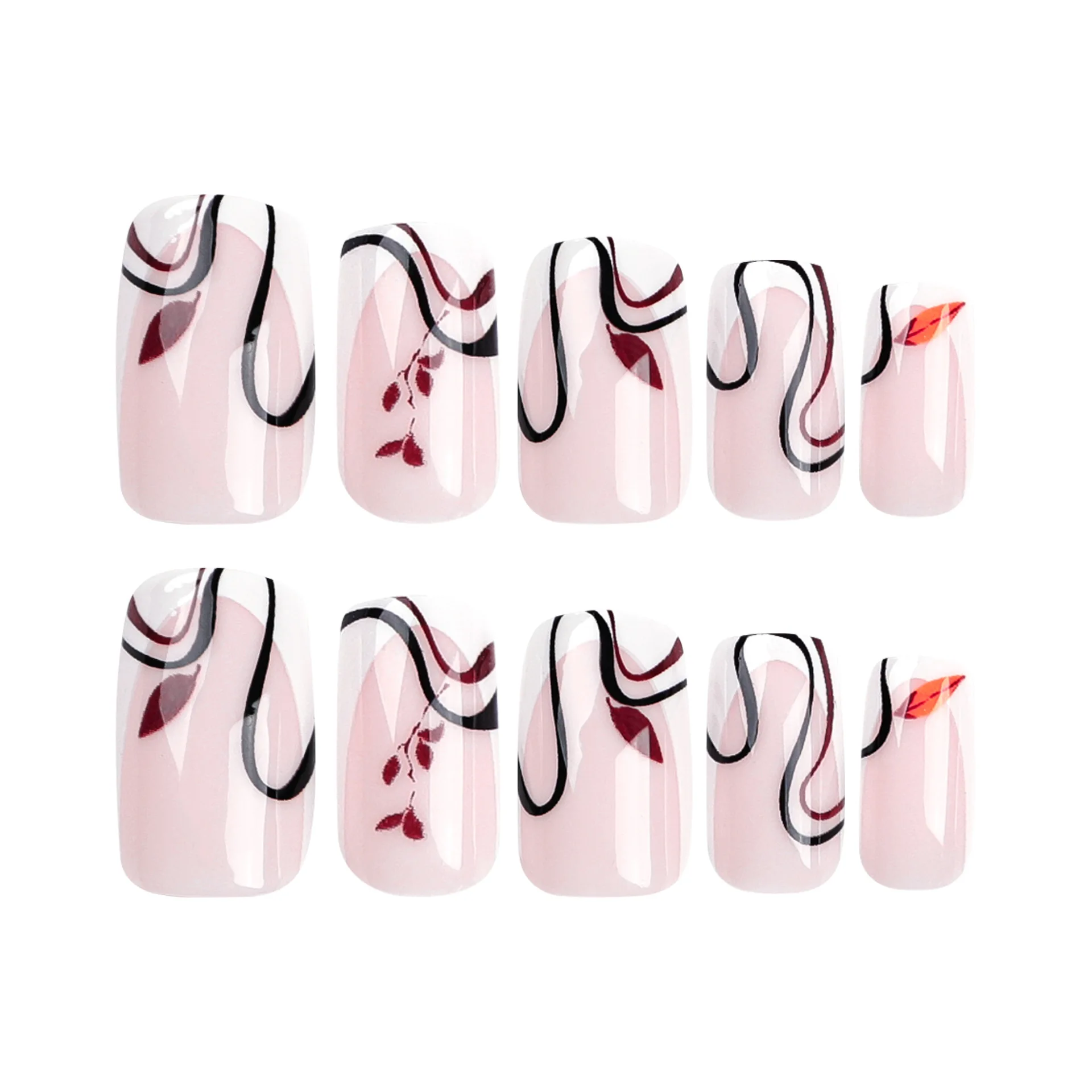24Pcs rectangular False Nail French white border autumn and winter deciduous leaves Wearable Manicure Press ON Nails Solid