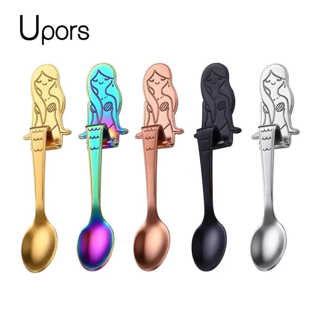 UPORS 1Pcs Mermaid Coffee Spoons Scoop 304 Stainless Steel Hanging Coffee Spoon Teaspoon Sugar Moka Ice Cream Tea Spoon Tools