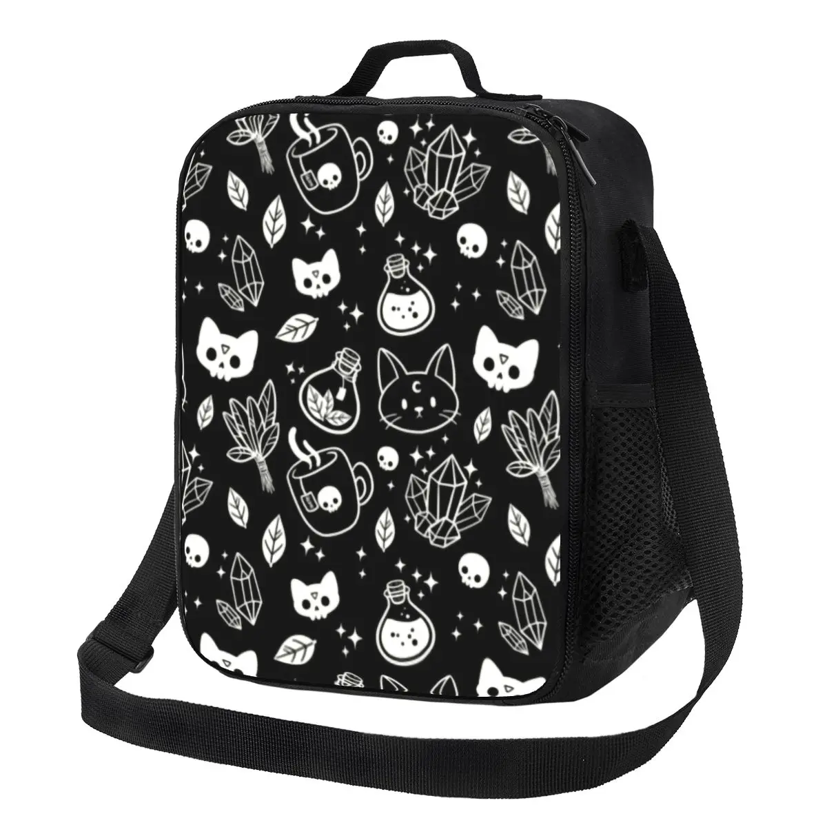 Custom Witch Thermal Insulated Lunch Bags Halloween Cat Skull Resuable Lunch for School Office Outdoor Storage Bento Food Box