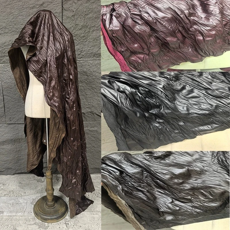 Glossy PU Faux Leather Fabric Irregular Crinkled Pleated Texture Designer Cloth for Dress, Skirt & Handmade Clothing DIY