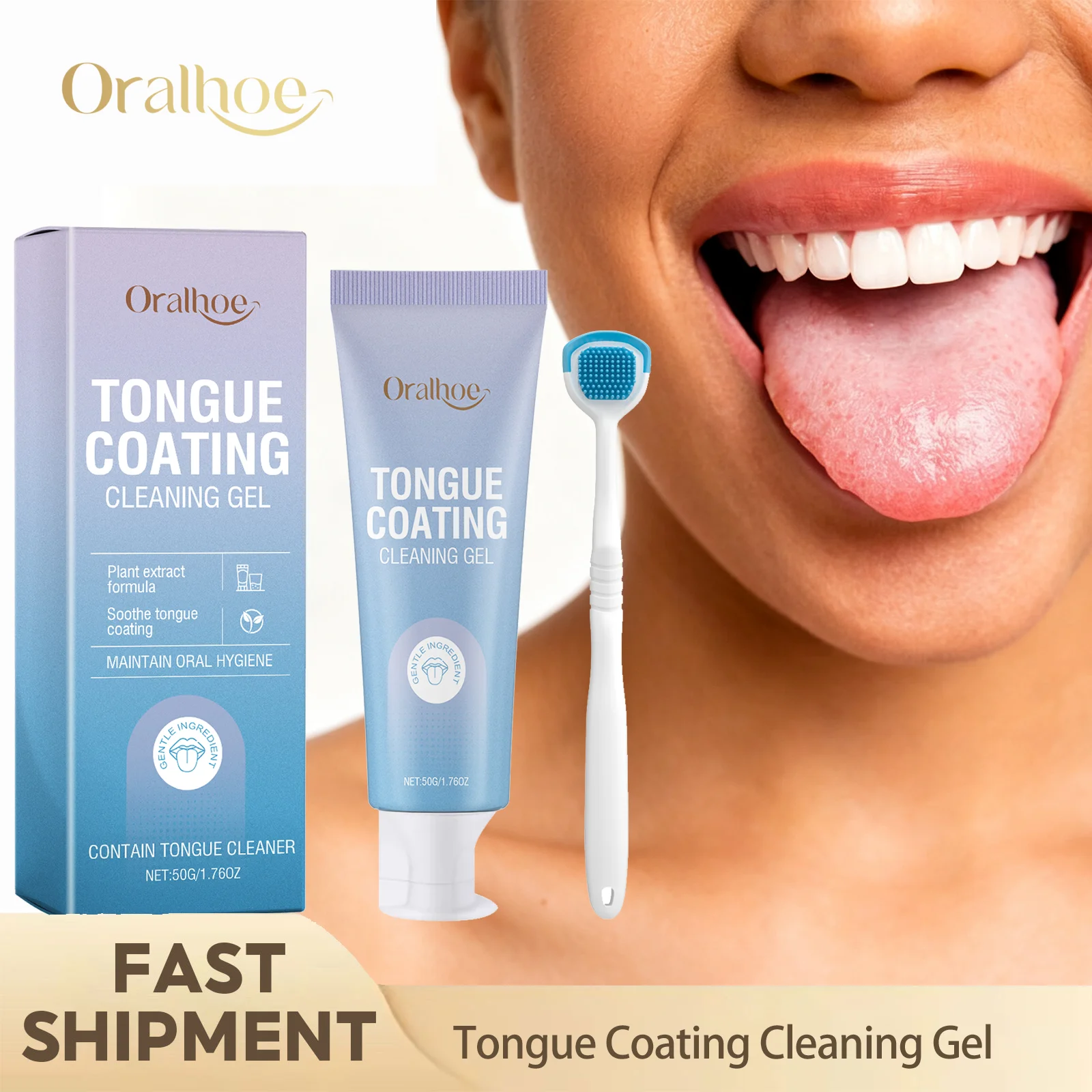 Oralhoe Tongue Coating Cleaning Gel With Tongue Scraper Gentle Oral Care Paste Long‑Lasting Freshness Clean Tongue Surface 50g