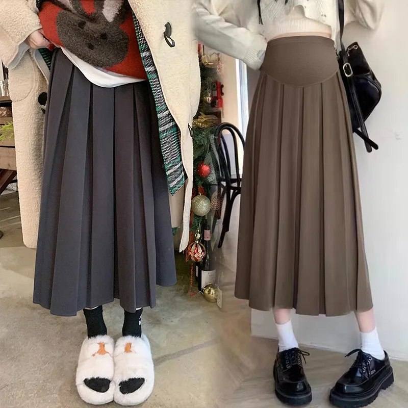 New Autumn Winter Pleated Thick Warm Maternity Skirts Elastic Waist Belly Casual Clothes for Pregnant Women Pregnancy