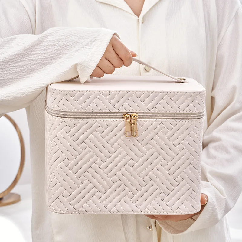 Luxury Waterproof Cosmetic Bag With Led Lighted Mirror Large Travel Makeup Organizer Portable Toiletry Case Woven Pattern Design