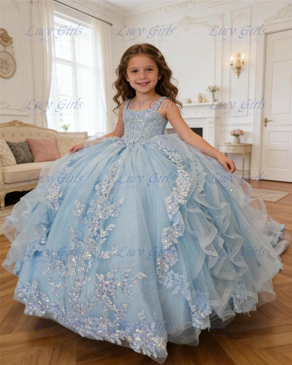 Luxury Lace Applique Flower Girl Dress with Ruffles Sequin Girls Pageant Dresses Layered Ball Gown Dress for Girls with Bow