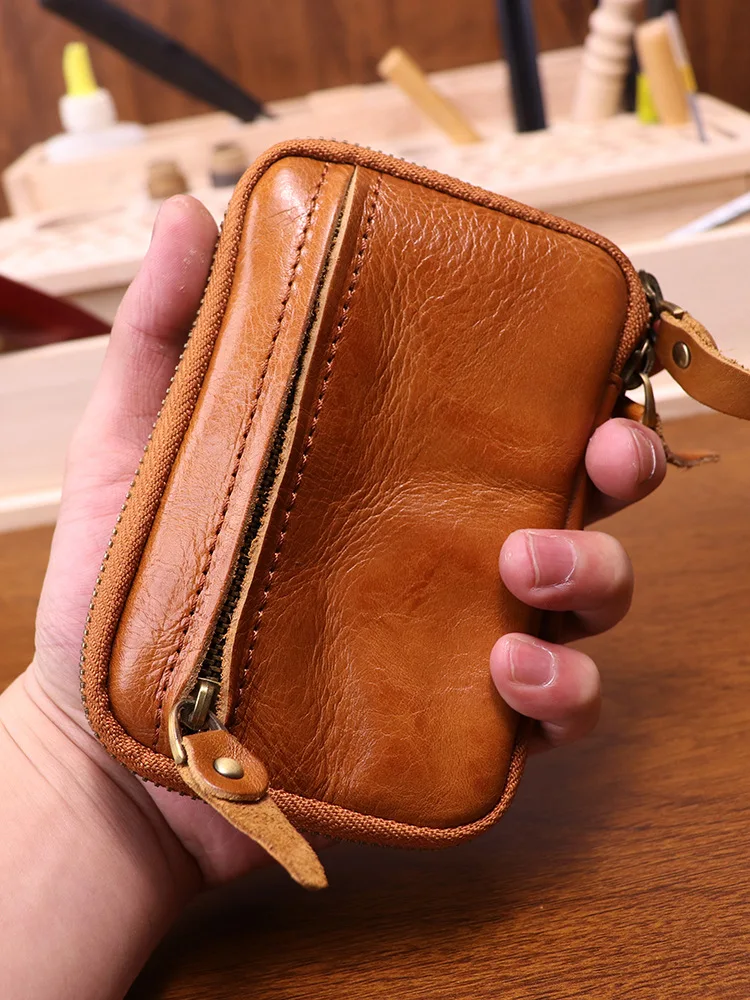 Genuine Leather Coin Purse Retro RFID Zipper Men's Wallet RFID Credit Card Holder Anti-theft Mini Key Case