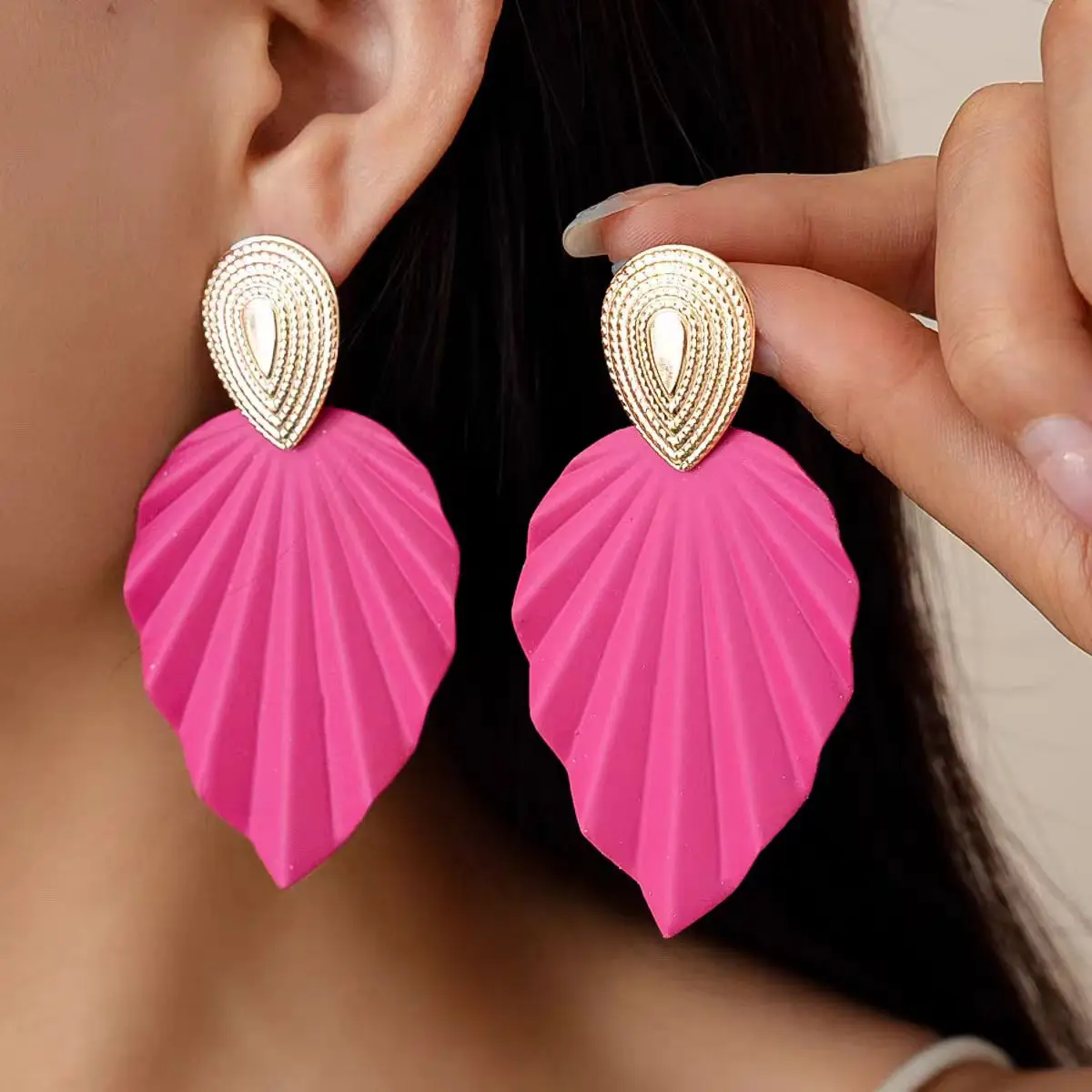 Unique Colored Leaf Metal Stud Earrings with Bold Design European-Style Statement Earrings for Women