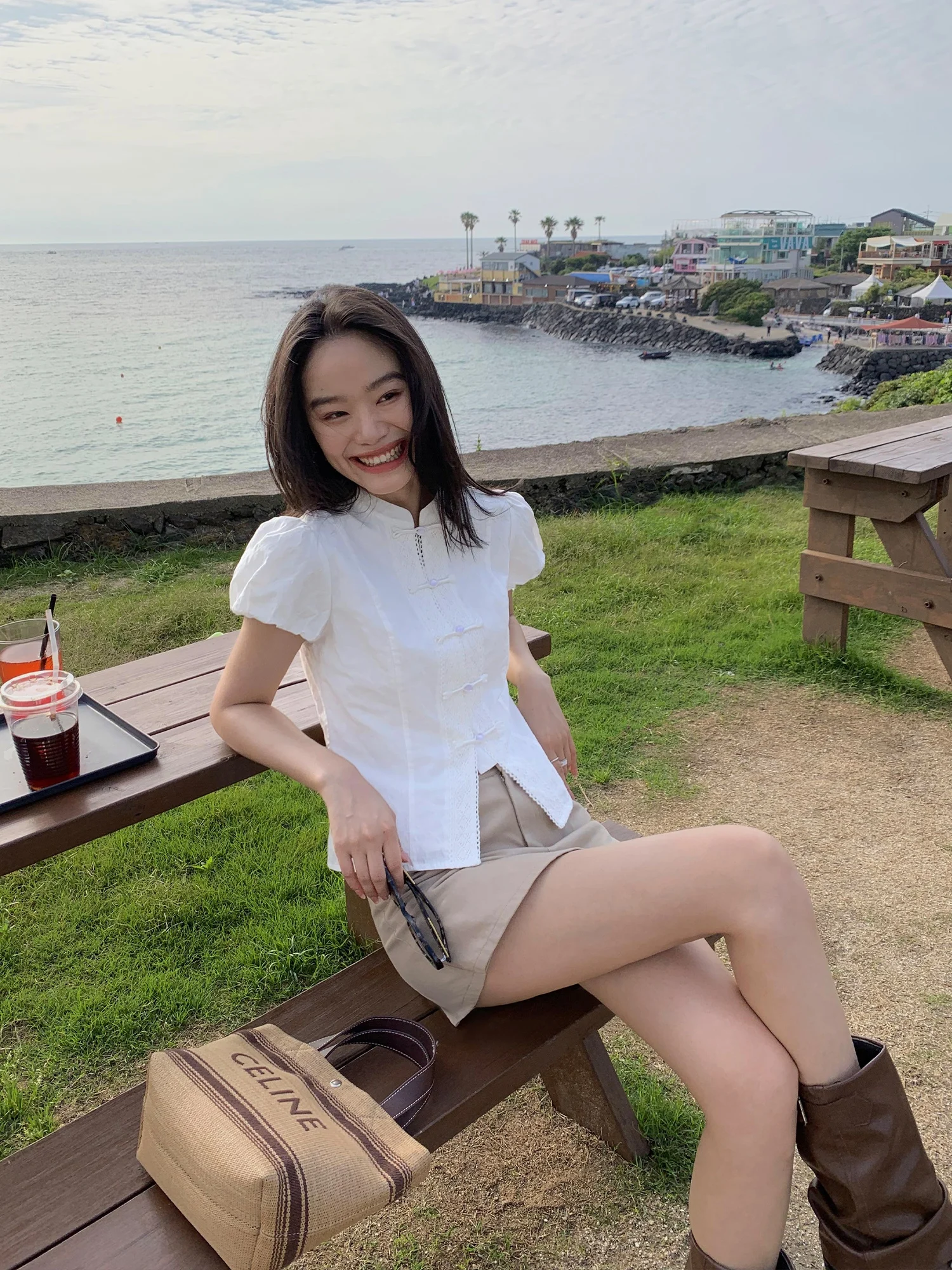 

Pusumede Chinese Sle ort Sve Bubble Sve irt Women's Summer Design Sensation National Sle Button up Top
