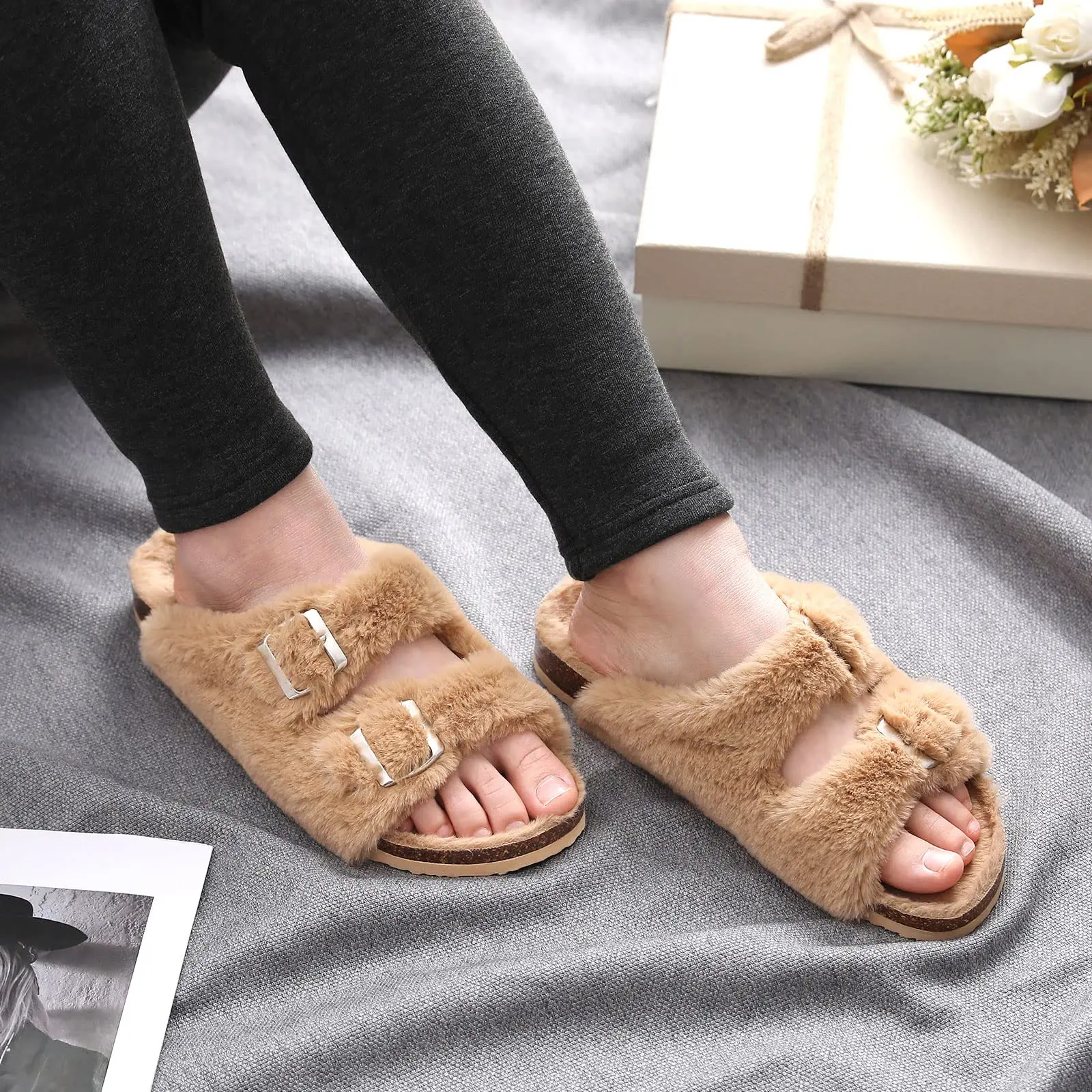 Litfun Cork Fur Fluffy Slippers Women Winter Fluffy Sandals Fuzzy Home Flat Slides With Arch Support Double Buckle Fuzzy Sandals