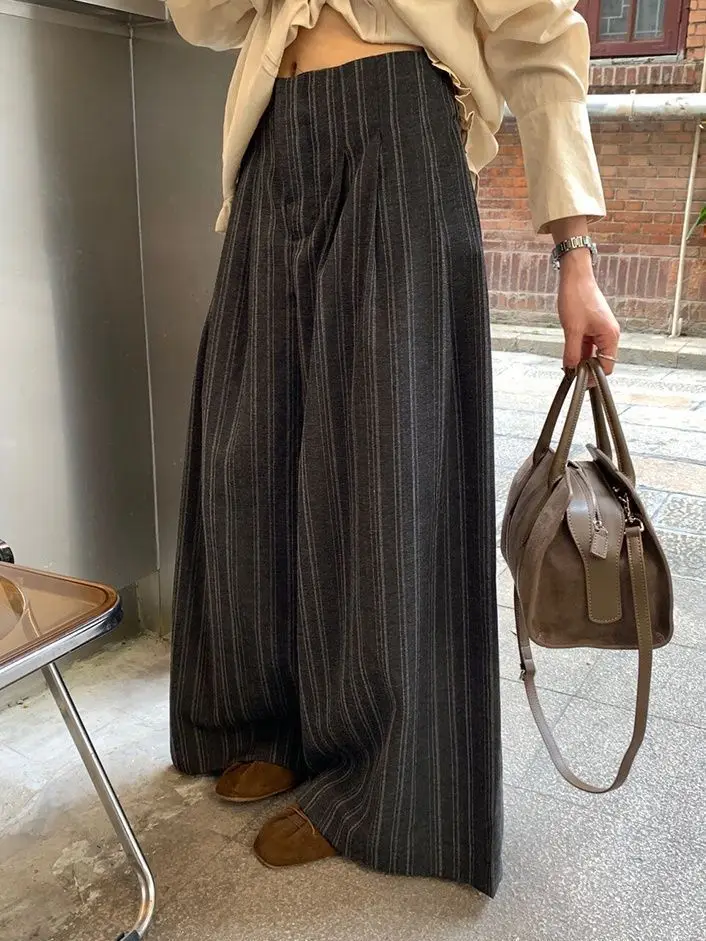 

Simple Elegant Daily Commute Striped Wide-Leg Pants for Women Early Autumn New High-Waisted Slimming Floor-Length Pants