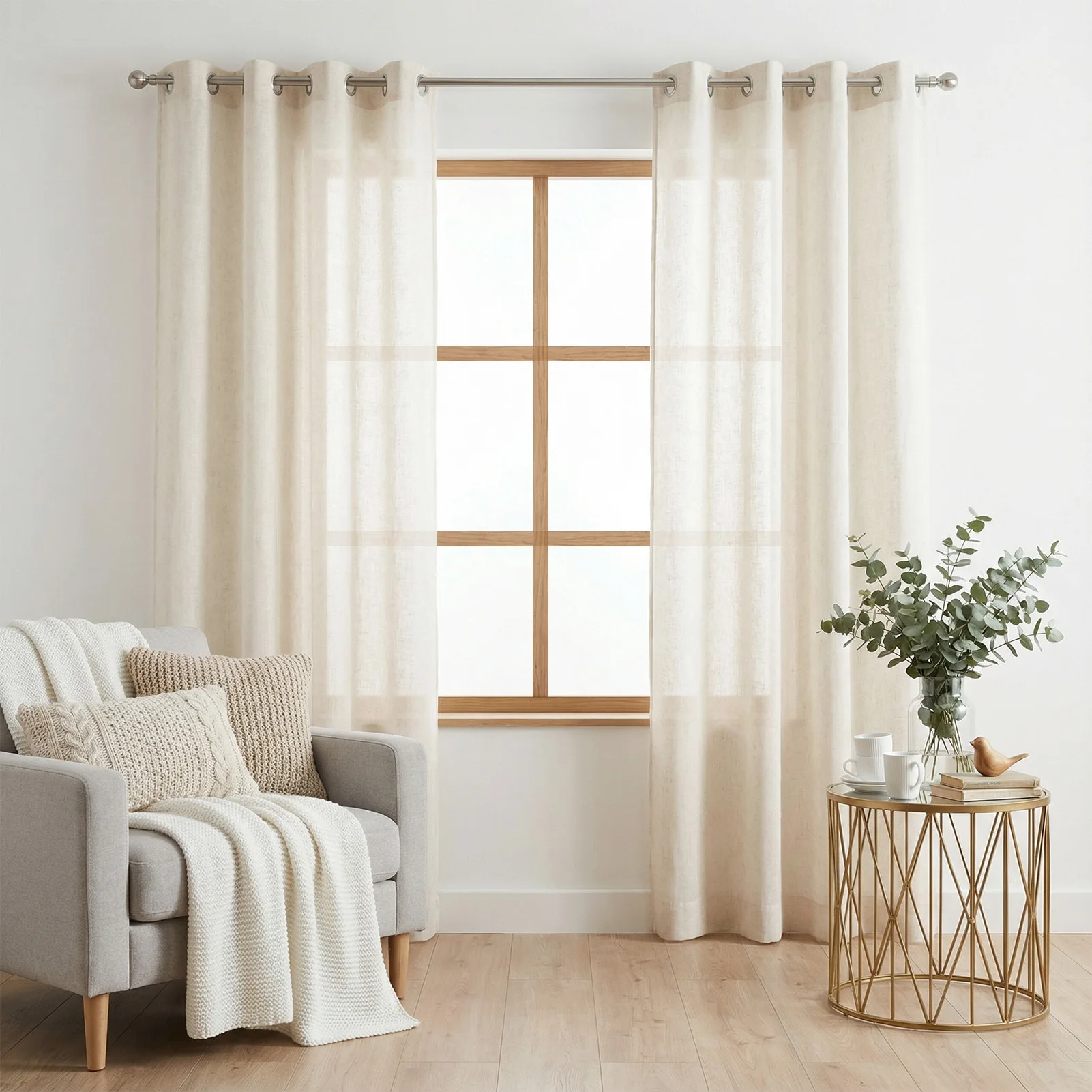Linen Curtain Eyelet - ستائر شفافة بيج من الفوال، لوحتين