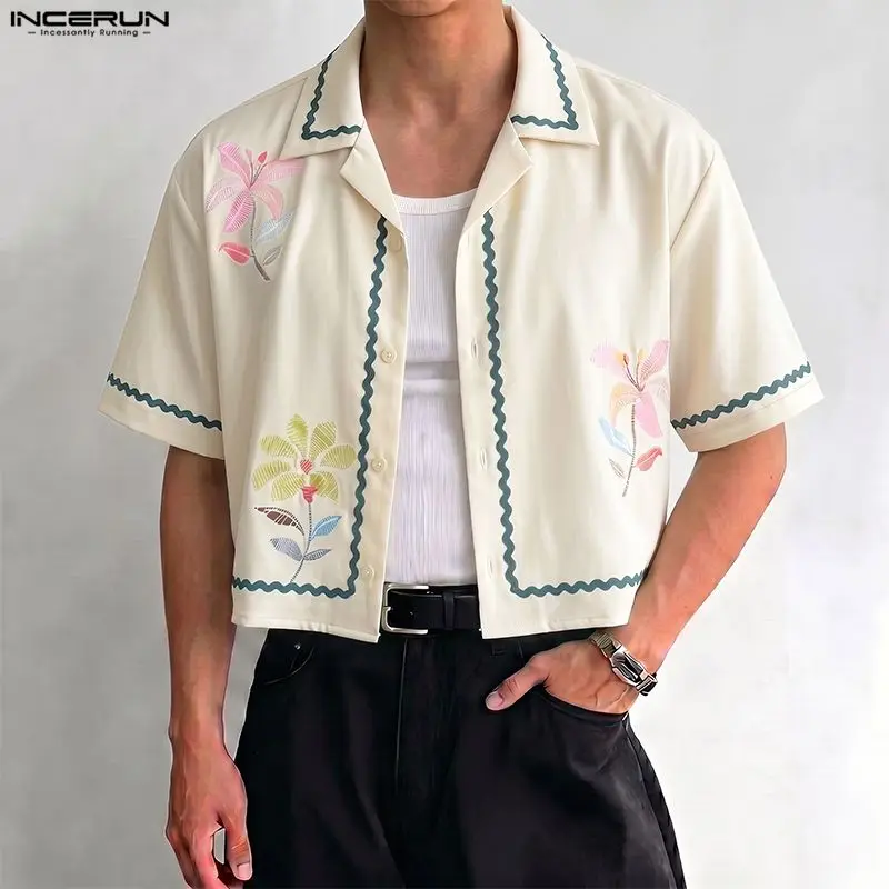 INCERUN Men's Shirt Printing Lapel Short Sleeve Button Summer Casual Men Clothes Streetwear Loose Korean Style Crop Tops For Man