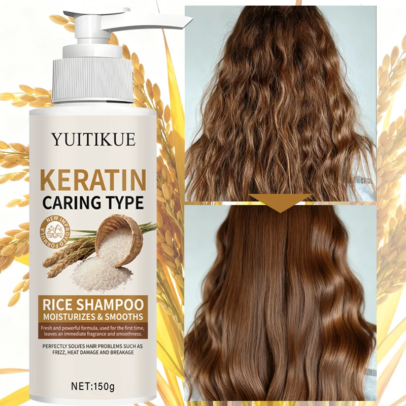 Champú de Queratina y Arroz YUITIKUE | Hidrata y Suaviza el Cabello Encrespado, Repara el Daño por Calor 150g