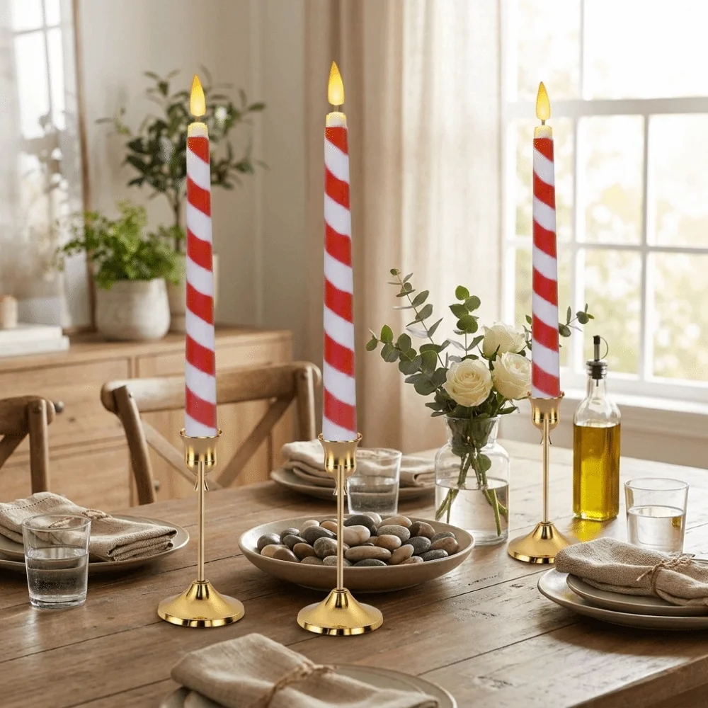 6pcs Red White Striped LED Flameless Candles Taper Shaped Fire-Free Design Mood Lights Lightweight Durable Material
