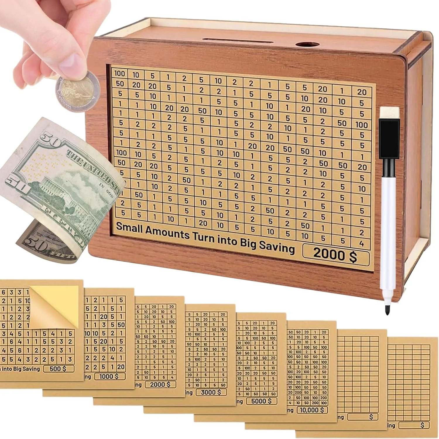 Large capacity wooden cash piggy bank, children's piggy bank, savings plan challenge, comes with replaceable stickers, suitable