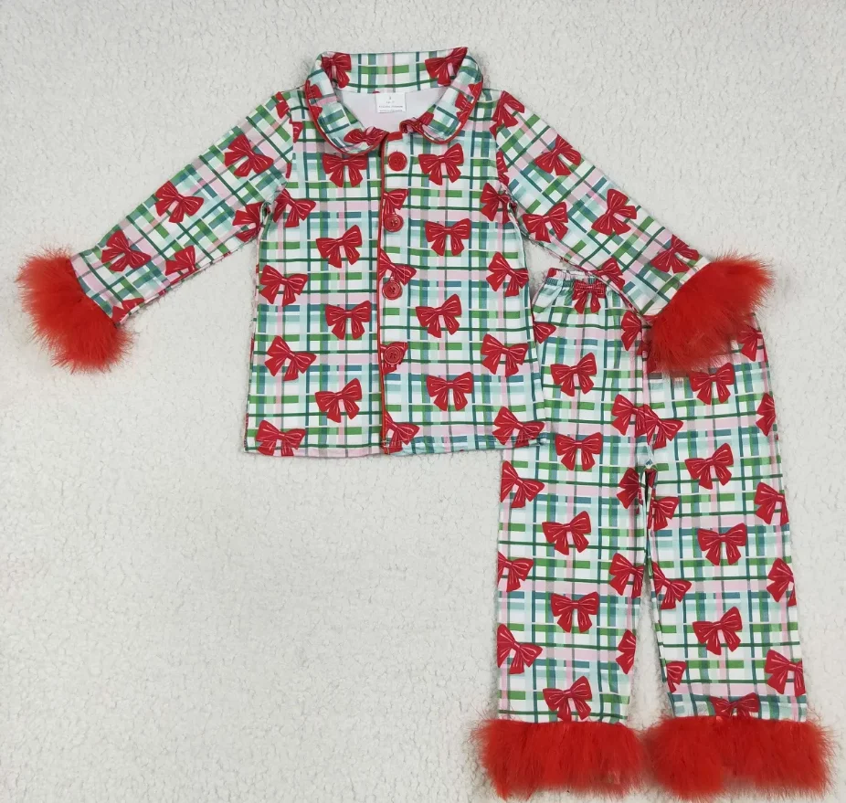 

Пижамный комплект для девочек, одежда для сна, меховые пуговицы с длинными рукавами, рождественская рубашка, брюки, детские пижамы, одежда