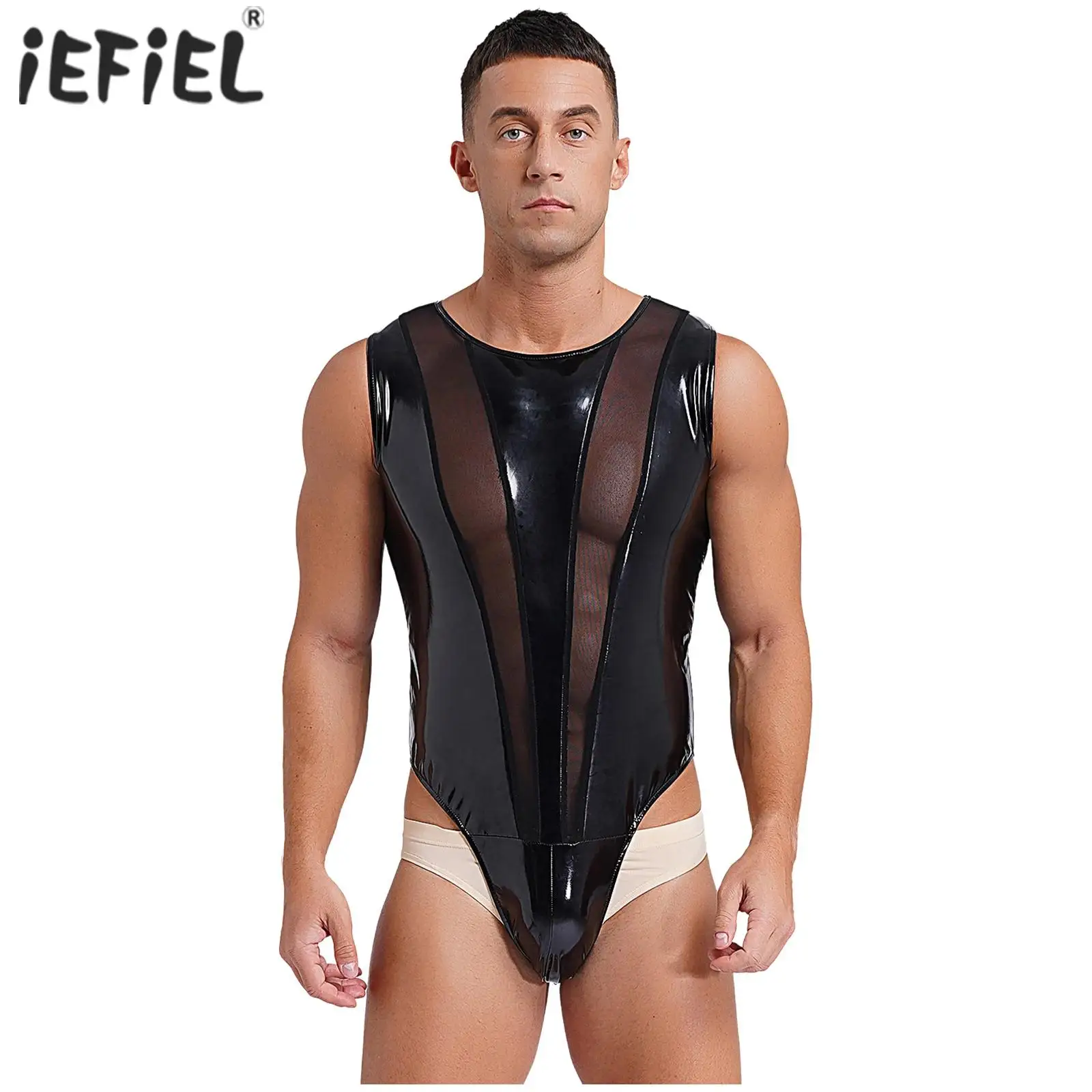 Mens Wet Look Patent Leather Bodysuit Sleeveless Mesh Patchwork Buttoned Crotch Leotard Jumpsuit Clubwear Pole Dance Costumes