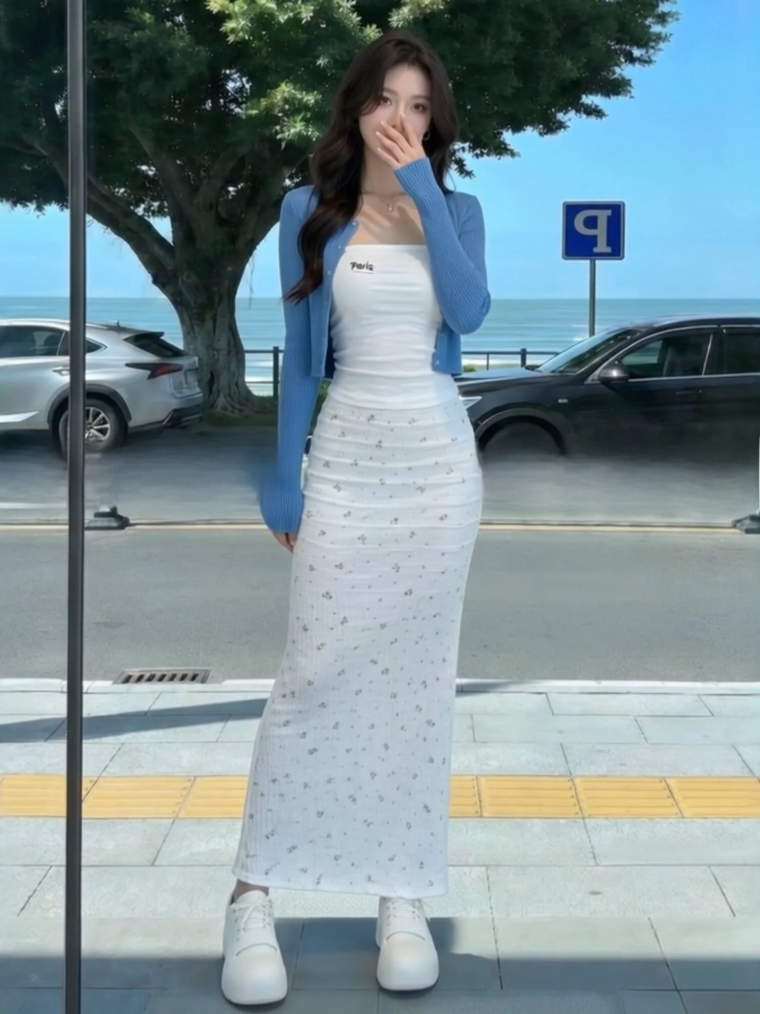 

White Vest Blue Long Sleeve Open Cardigan High Waist Bodycon Skirt Three Piece Set Women Spring Fashion Ensemble