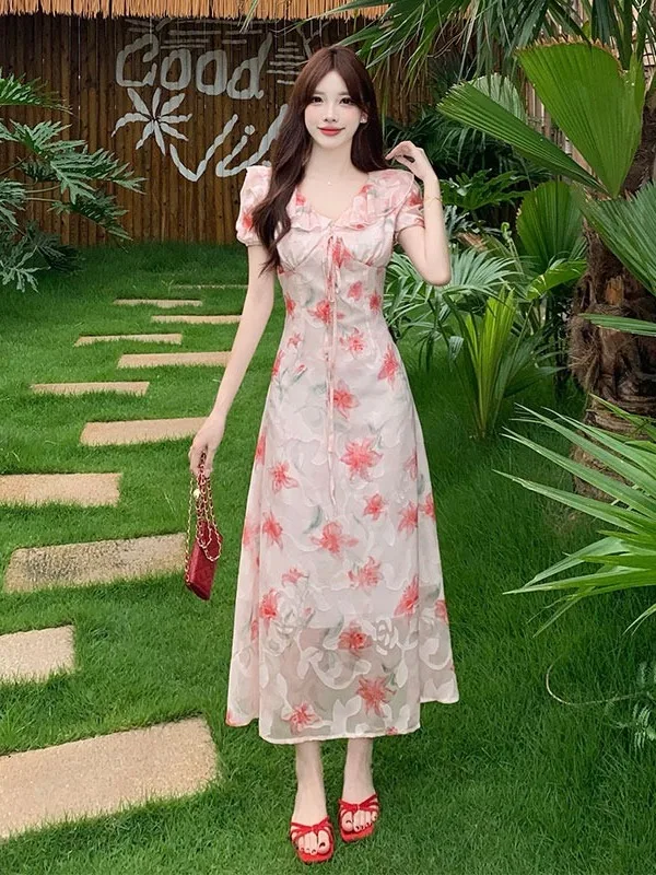 

plus Size Women's Summer New Style Tie Dye Floral Lace Hem Dress Waist Cinching Korean Style Commute Wind Midi Long Dress