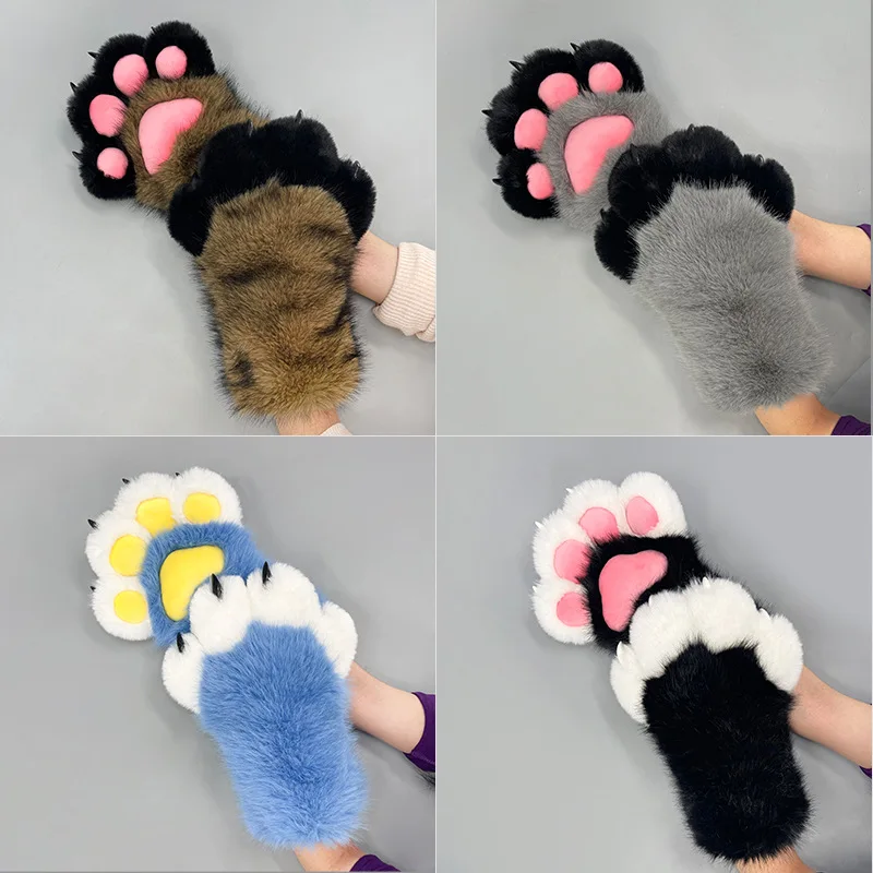 

Пара плюшевых перчаток в виде кошачьих лапок, милые пушистые перчатки, теплые зимние мягкие меховые рукавицы, разные цвета, перчатки для косплея