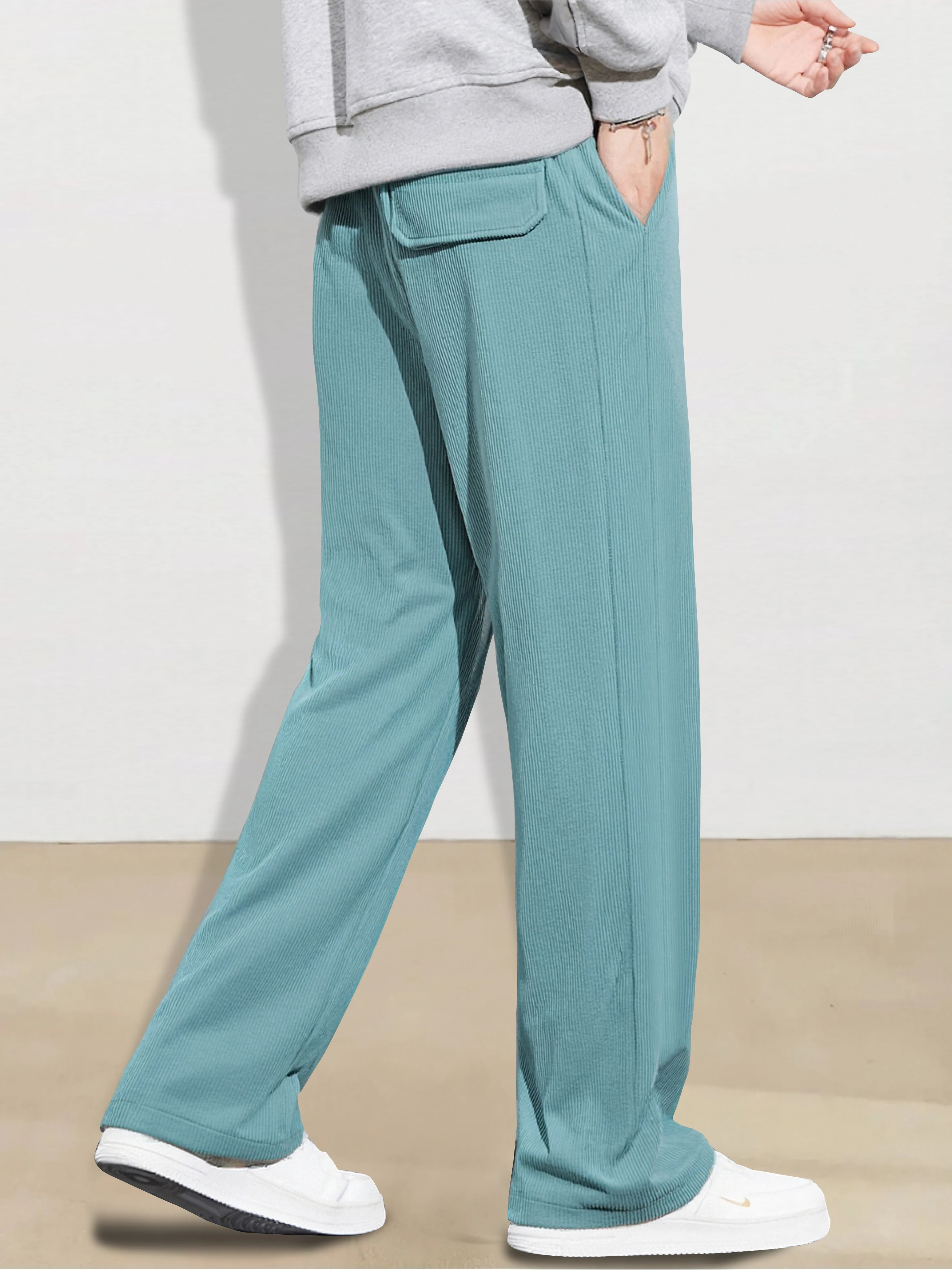 Calça masculina de veludo cotelê com perna reta com cordão na cintura, bolsos e design de logotipo – elástica, ajuste casual para uso diário, Spri