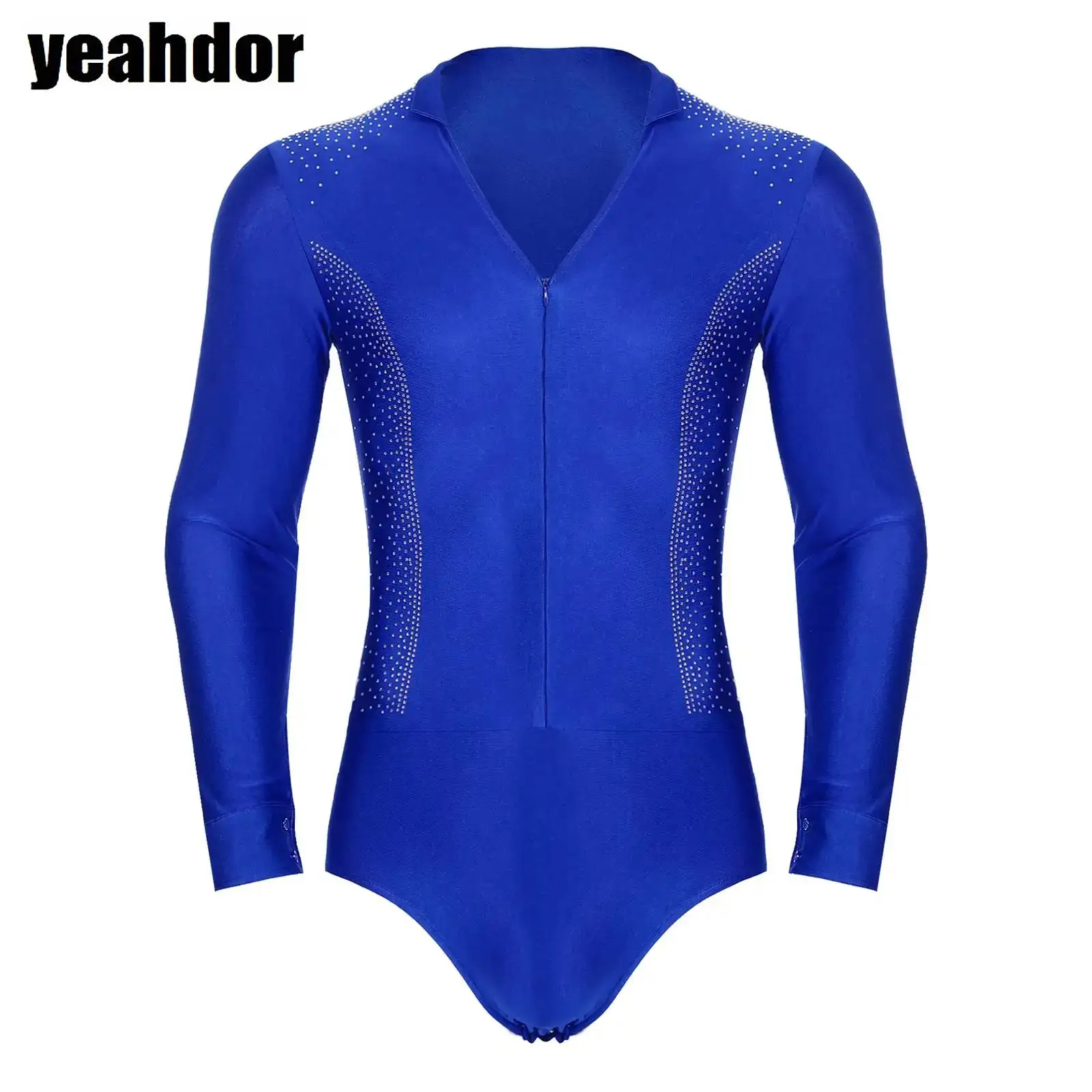 Body de baile latino de manga larga para hombre, cuello en V, diamantes de imitación brillantes, camisa de baile de Tango Rumba, Leotardos de gimnasia, disfraz de patinaje artístico