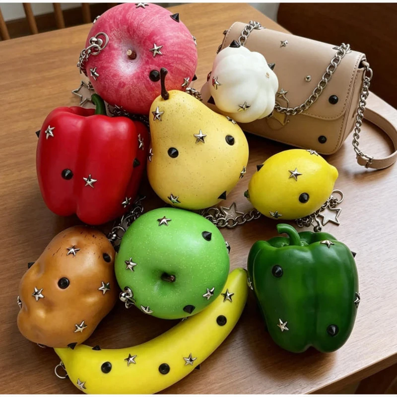 Creative Simulated Fruit Vegetable Metal Pendant Star Rivet Deco Bag Charm Keychain Exquisite Multifunctional Accessory Necklace